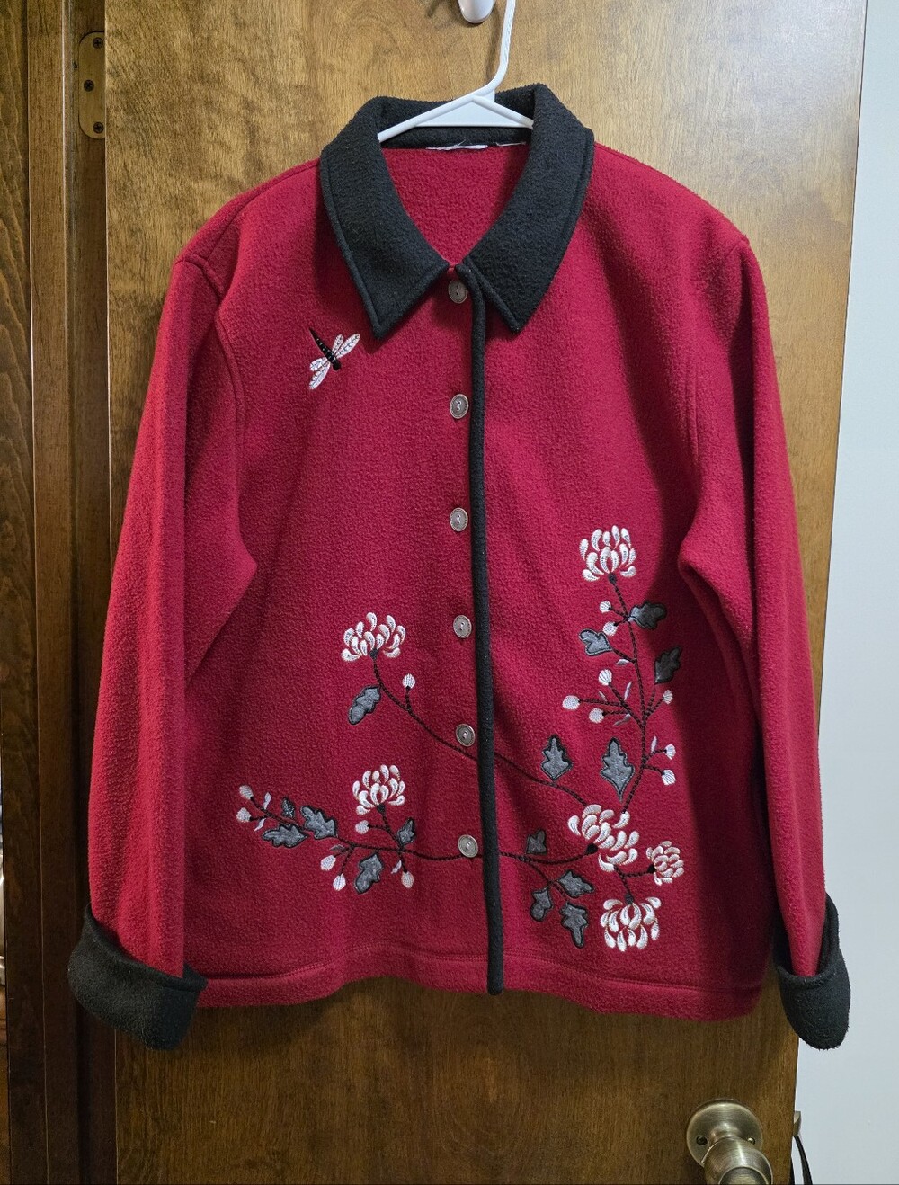 Wine Colored Floral Fleece Jacket with Black Trim - Women's Sz L